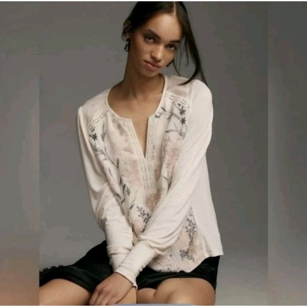 Anthropologie Tiny Holden Long Sleeve Embroidered Top Ivory Sz XL Festival Fairy